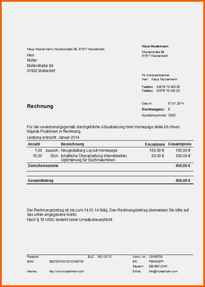 Einzahl 19 Ustg Musterrechnung Eür Kleinunternehmer Vorlage