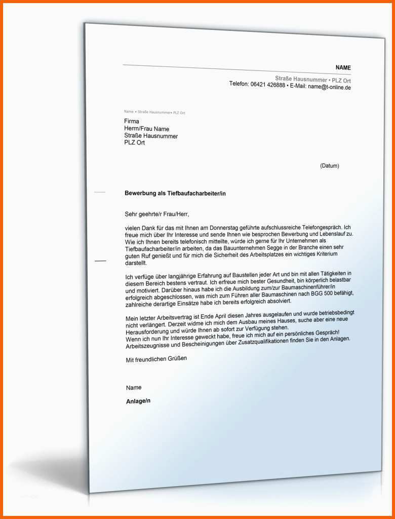 Einzahl Anschreiben Bewerbung Tiefbaufacharbeiter