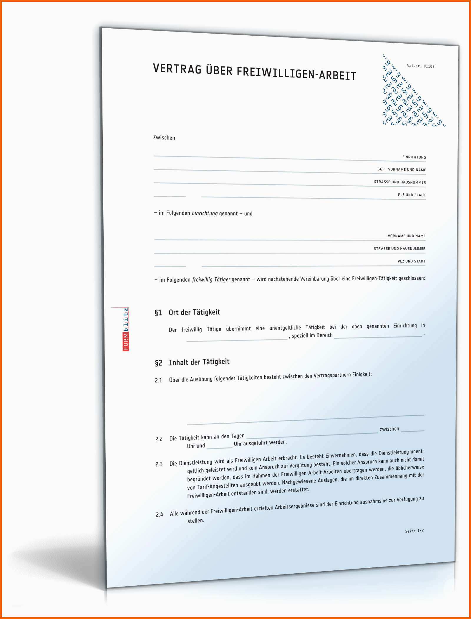 Einzahl Ehrenamtsvertrag Vertrag Freiwilligen Arbeit