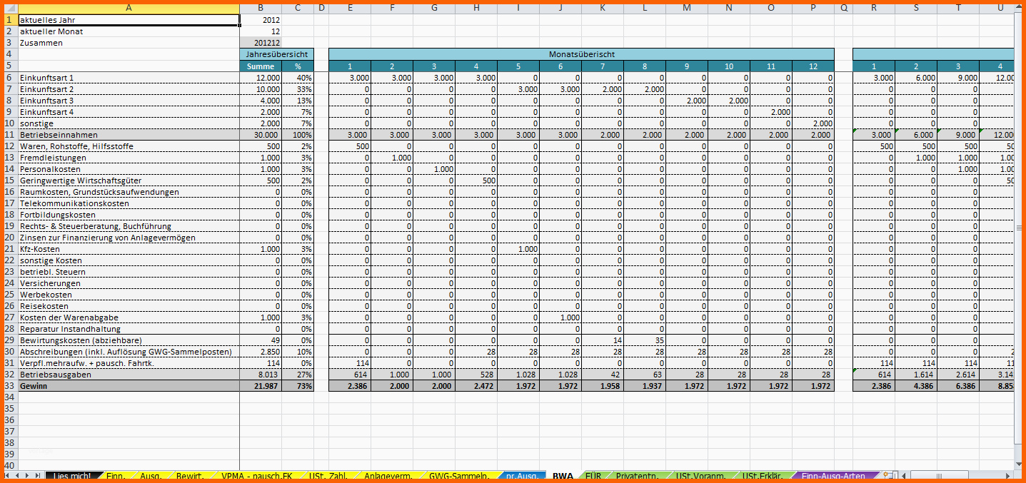 Einzahl Excel Vorlage Einnahmenüberschussrechnung EÜr 2014