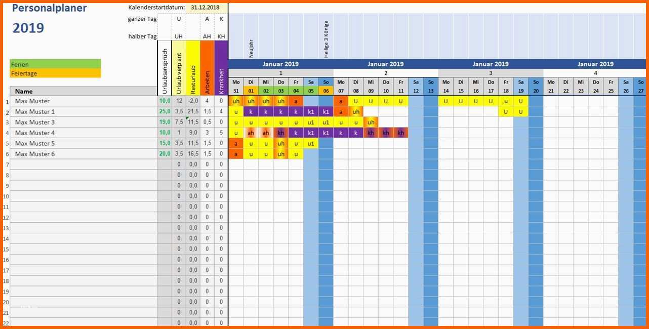 Einzahl Excel Vorlage Personalplaner