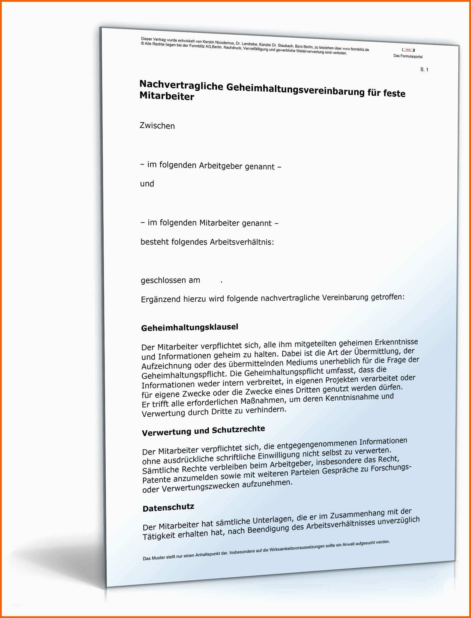 Einzahl Geheimhaltungsvereinbarung Angestellter Muster Vorlage