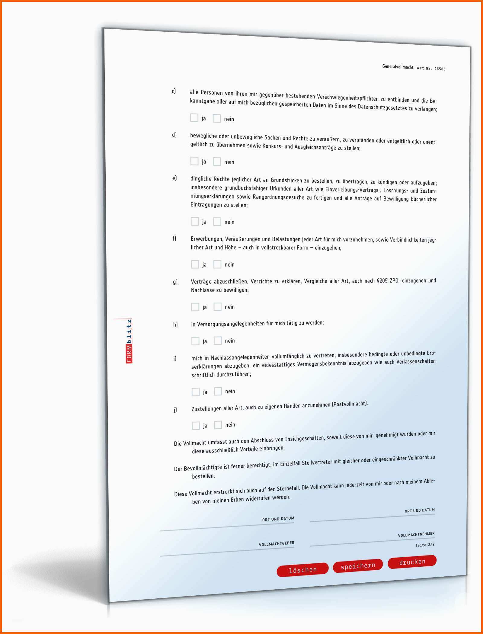 Einzahl Generalvollmacht
