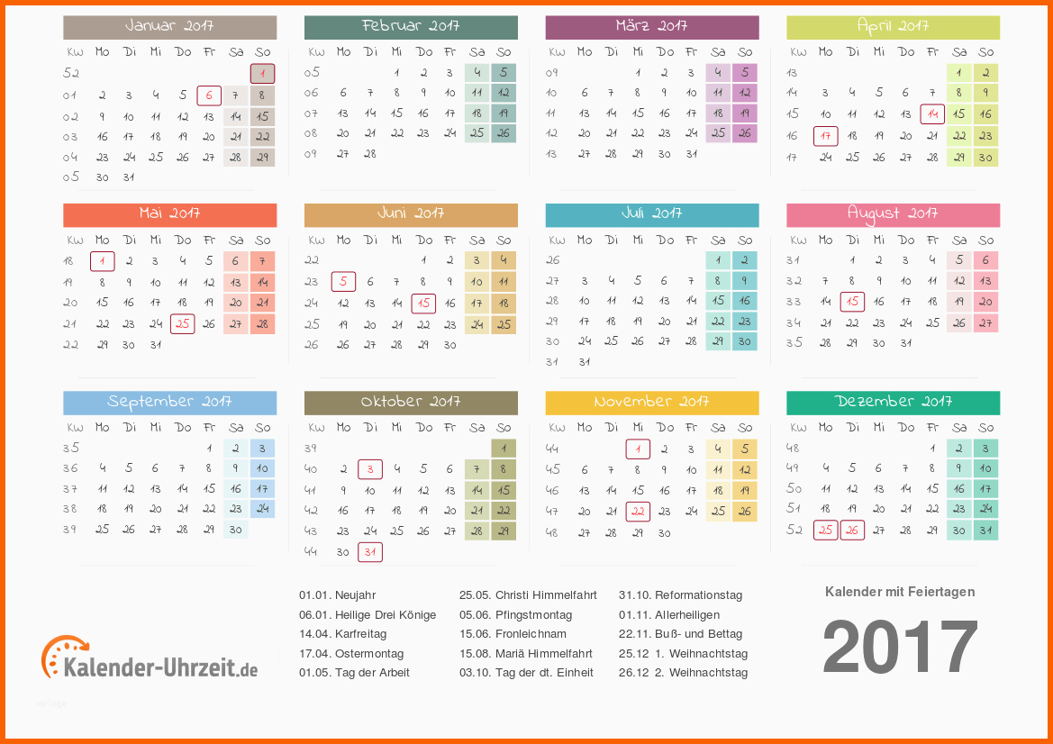 Einzahl Kalender 2017 Mit Feiertagen