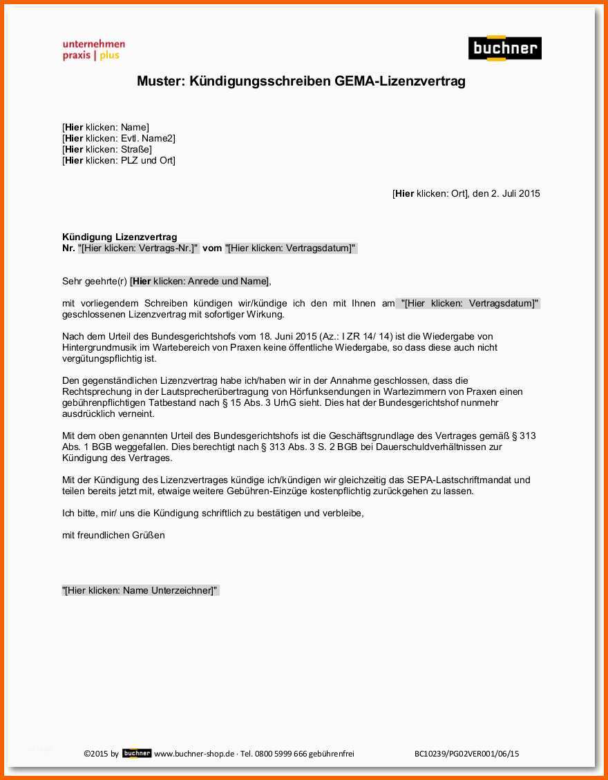 Einzahl Kündigungsschreiben Gema Lizenzvertrag Praxisbedarf Shop
