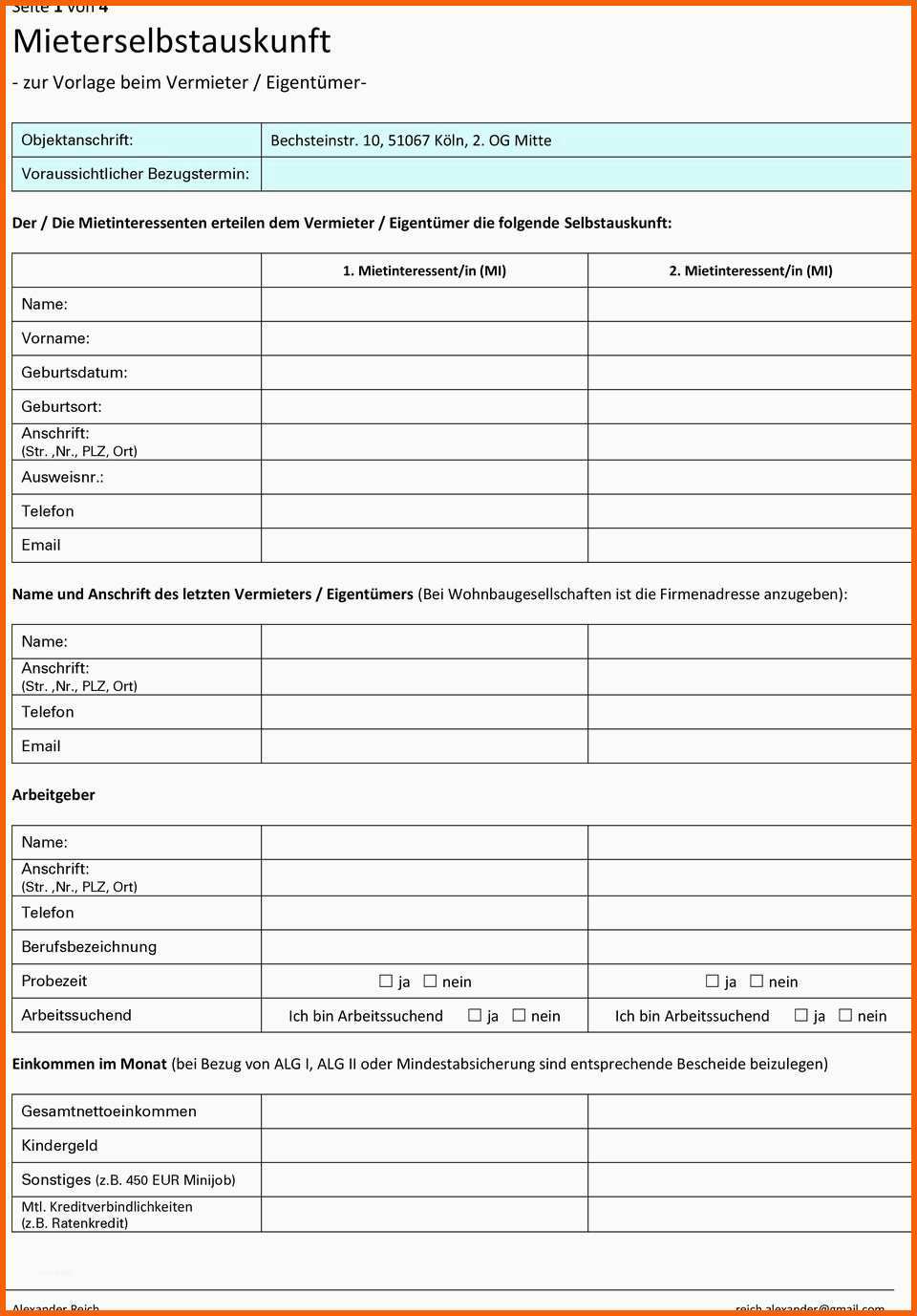 Mieterselbstauskunft zur vorlage beim vermieter eigentuemer seite 1 von 4 bechsteinstr 10 koeln 2 og mitte