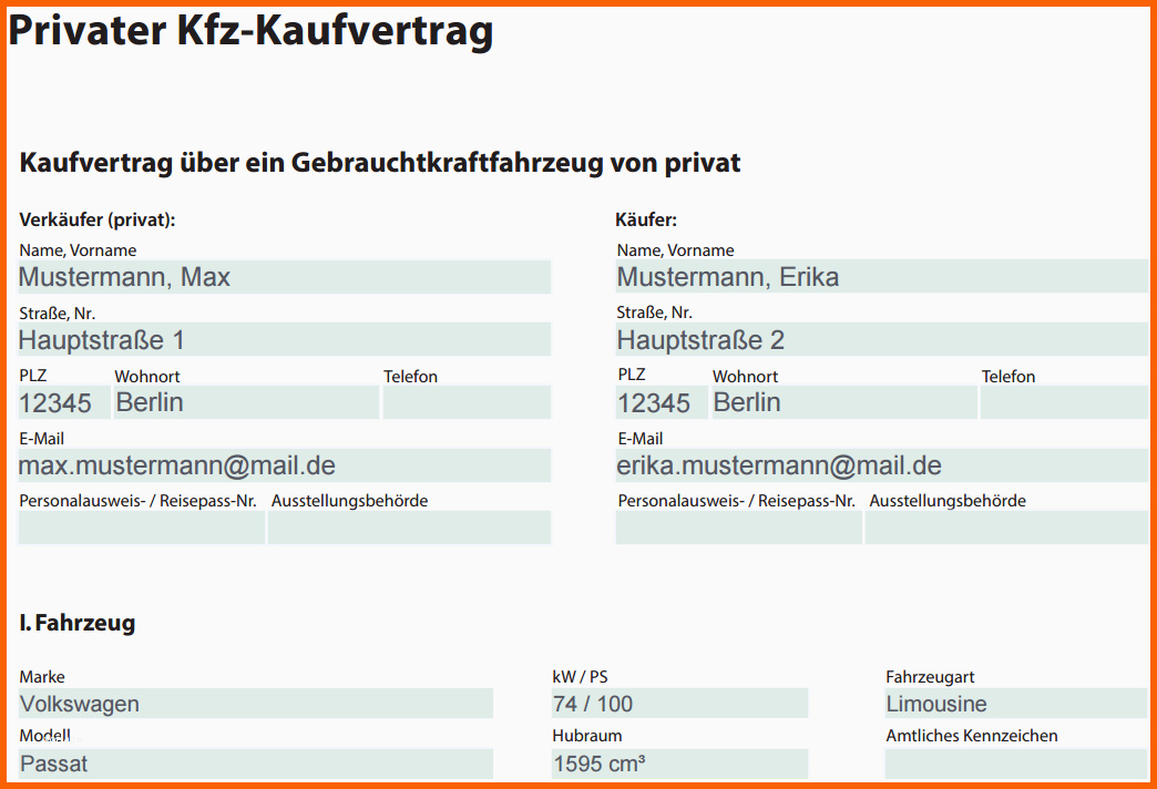 Einzahl Muster Kaufvertrag Auto Privat & Gewerblich
