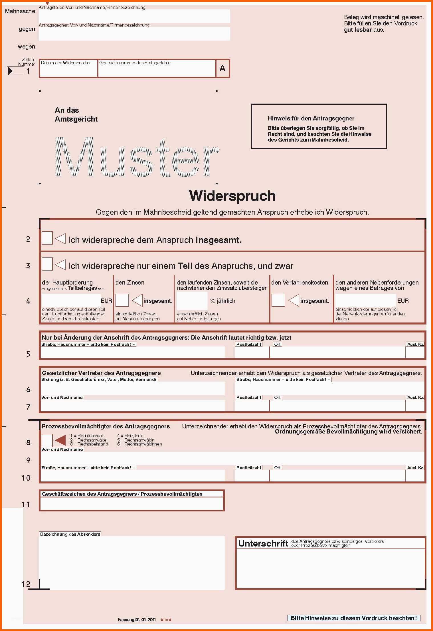 Einzahl Muster Widerspruch Mahngerichte