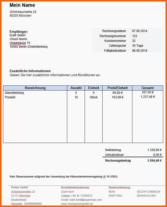 Einzahl Rechnung Kleinunternehmer Kostenlose Vorlage In Word