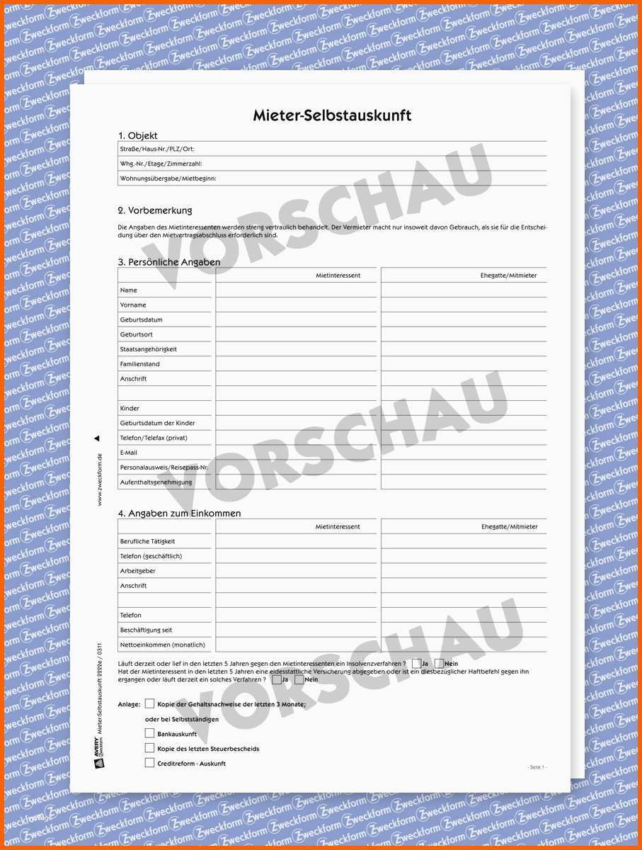 Einzahl Selbstauskunft Muster formular En