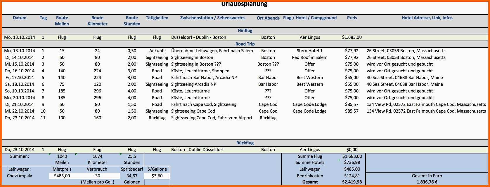 Einzahl Urlaubsplaner Excel Vorlage – Gehen