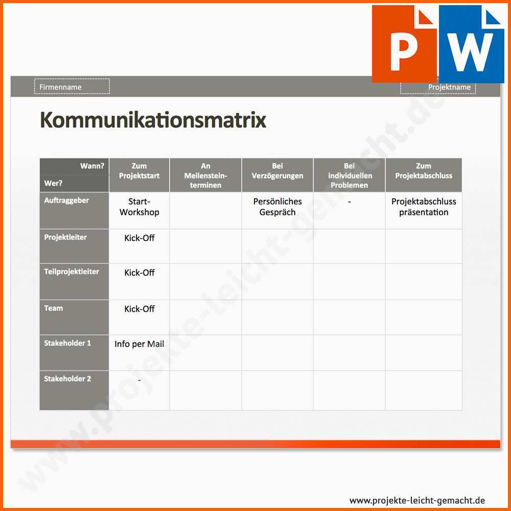 Einzahl Vorlage Kommunikationsmatrix Projektmanagement Vorlagen