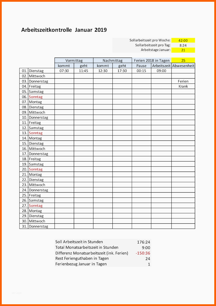 Einzahl Zeiterfassung Excel Vorlage Schweiz
