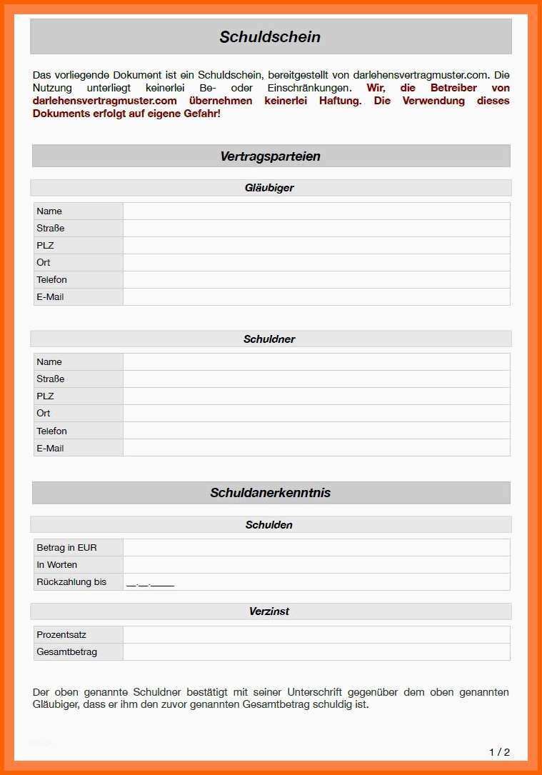 Einzigartig 15 Schuldschein Muster Kostenlos