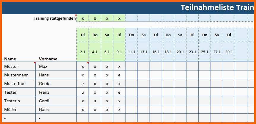 Einzigartig Anwesenheitsliste Training Teilnehmerliste Training