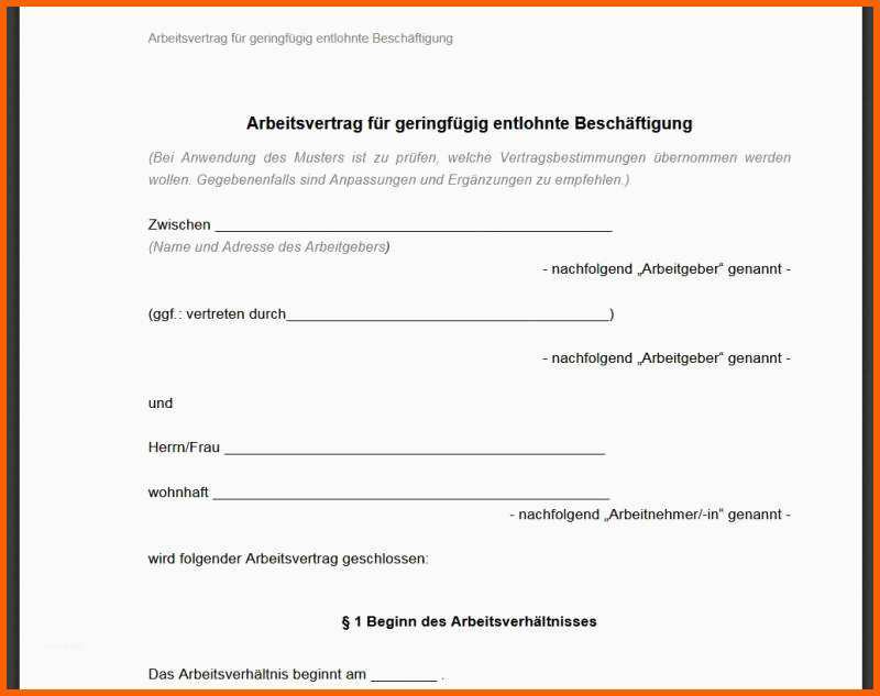 Einzigartig Minijob Arbeitsvertrag Vorlage Download