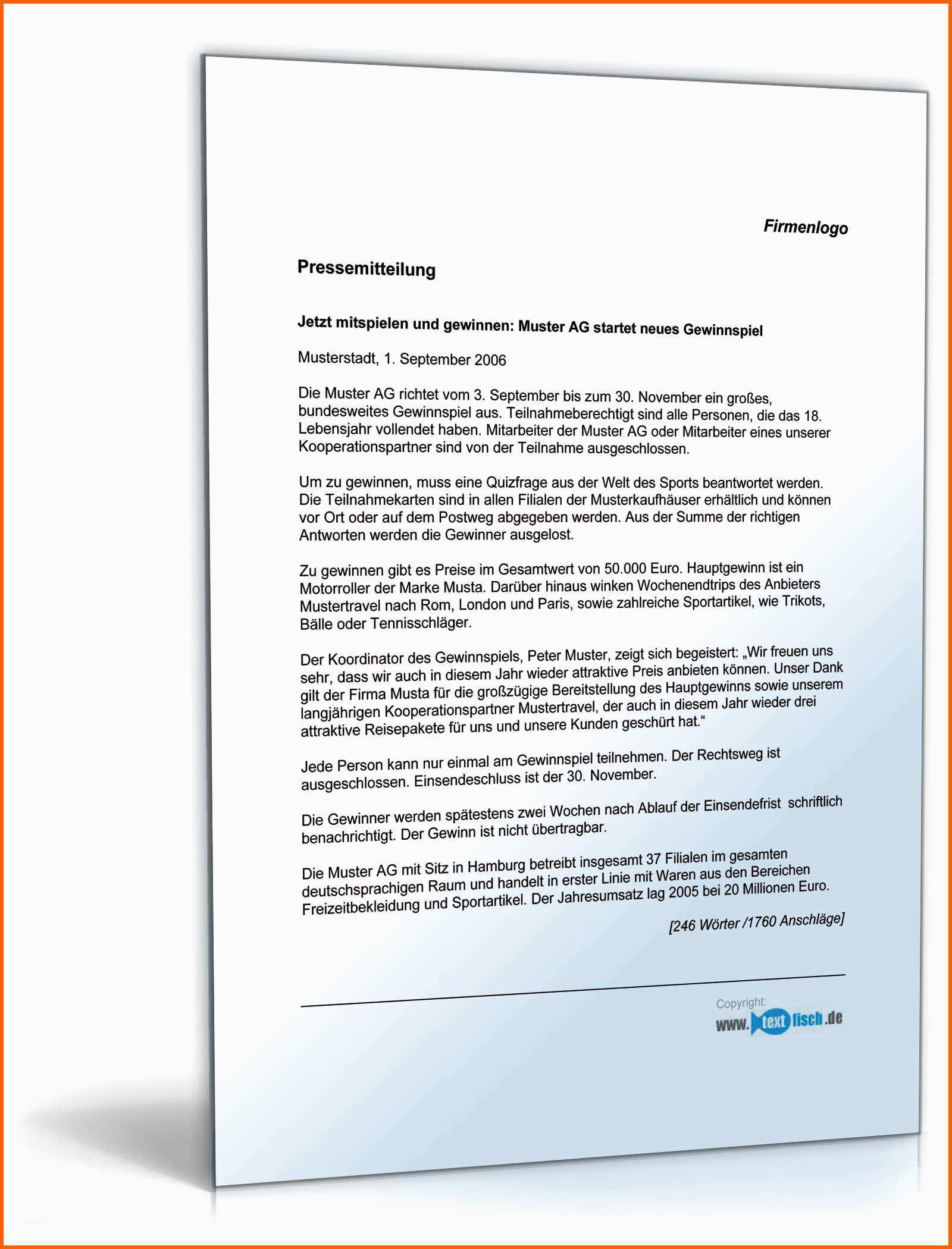 Einzigartig Pressemitteilung Unternehmen über Gewinnspiel