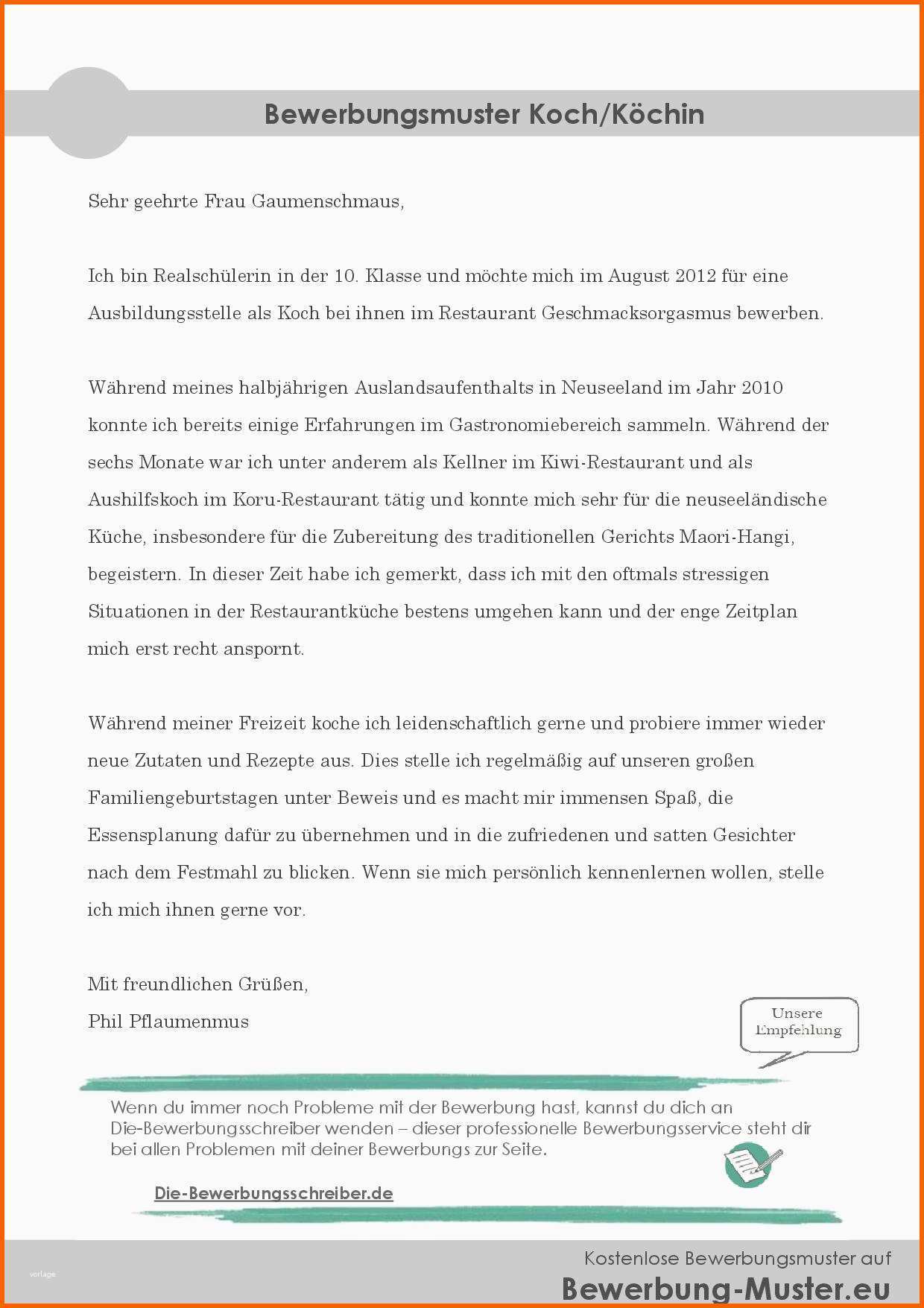 Einzigartig Professionelles & Kostenloses Bewerbungsmuster Koch Köchin