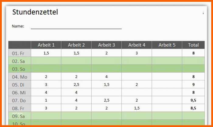 Einzigartig Stundenzettel Vorlage Download