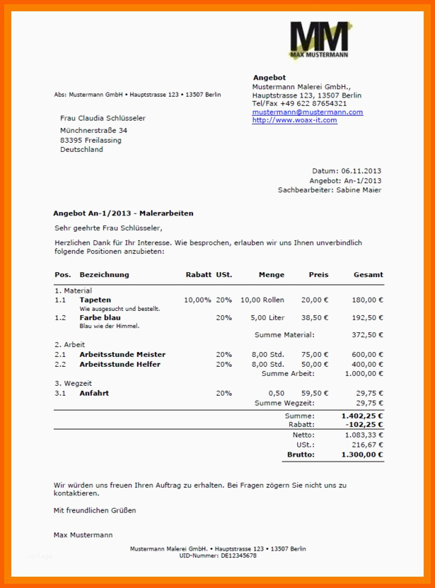 Empfohlen 10 Angebot Malerarbeiten Muster