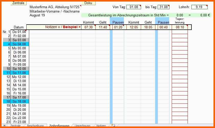 Empfohlen Arbeitszeiterfassung Excel 2017 Kostenlos Idee