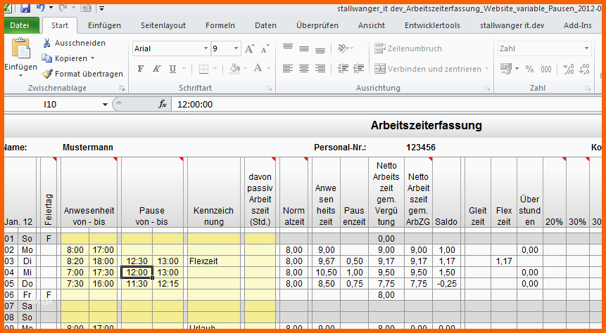 Empfohlen Excel Arbeitszeiterfassung Mit Variabler Pausenzeit