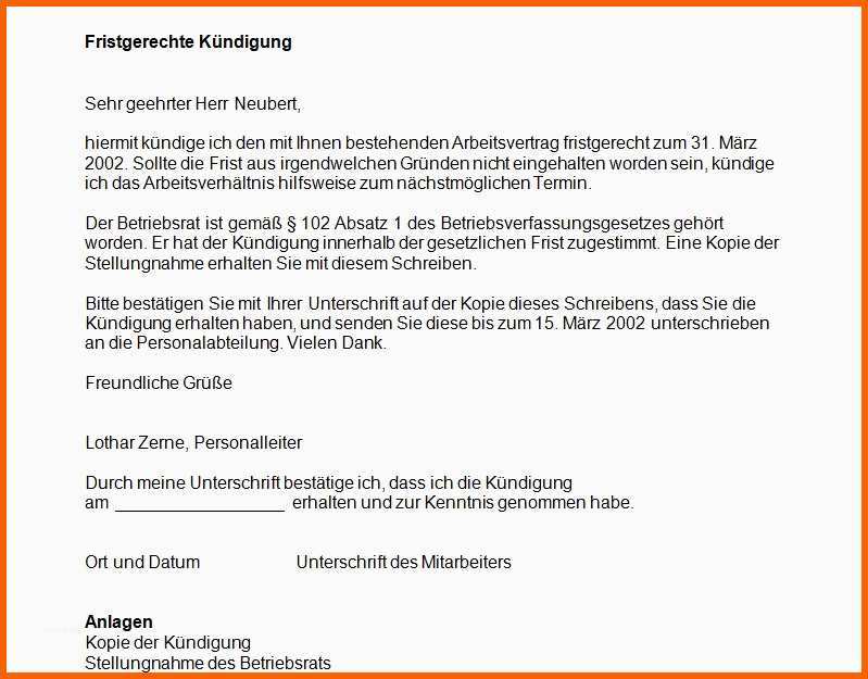 Empfohlen Fristgerechte Kündigung Eines Arbeitsvertrages Fice