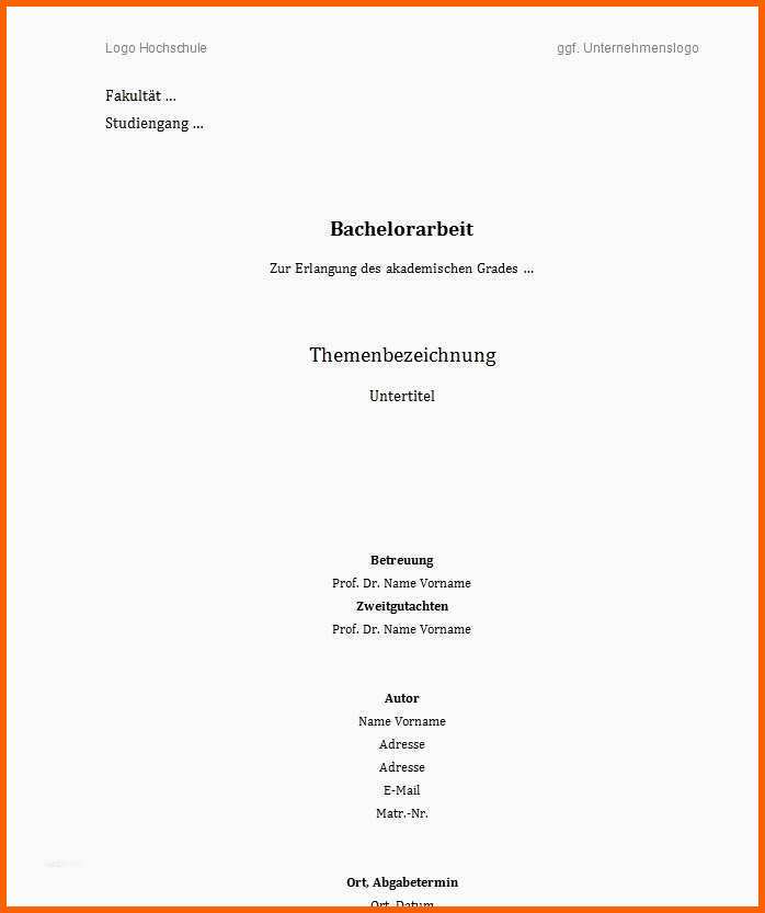 Erschwinglich 16 Deckblatt Vorlage Word Hausarbeit