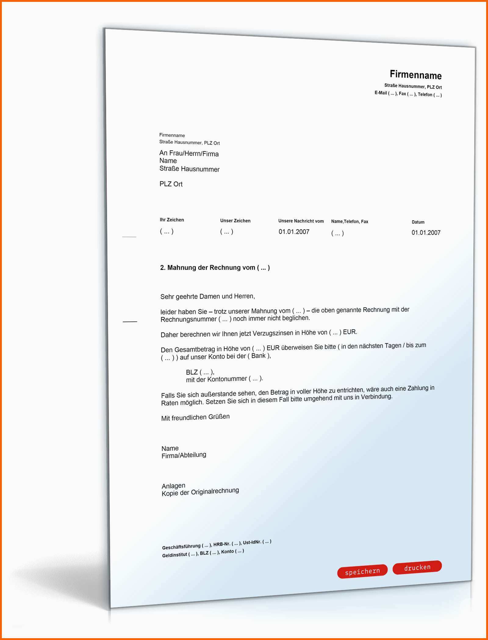 Erschwinglich 2 Mahnung Mit Berechnung Verzugszinsen Muster Vorlage