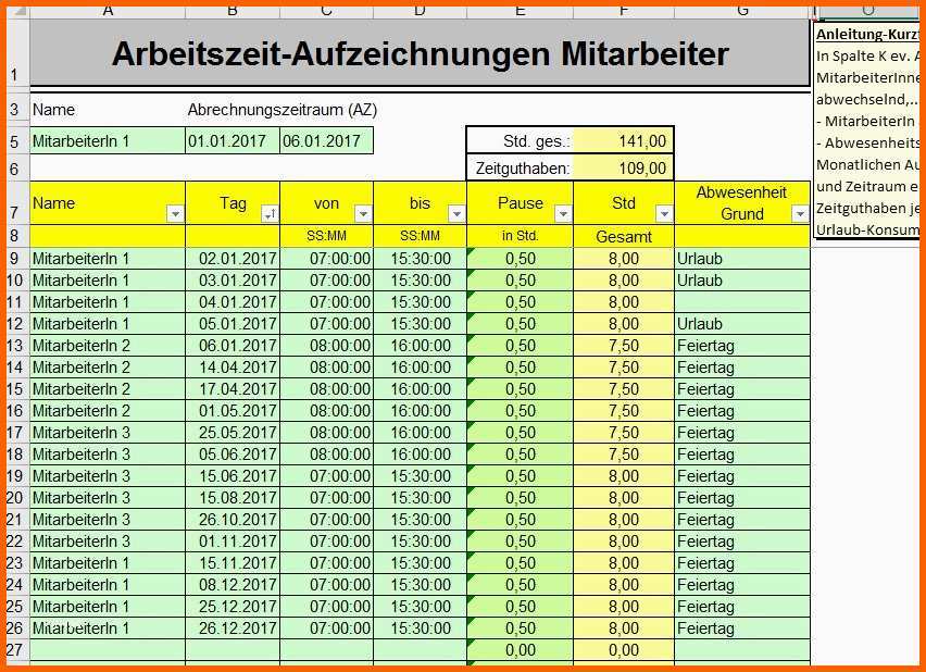 Erschwinglich Excel Arbeitszeiterfassung Berechnung Zeitguthaben Und