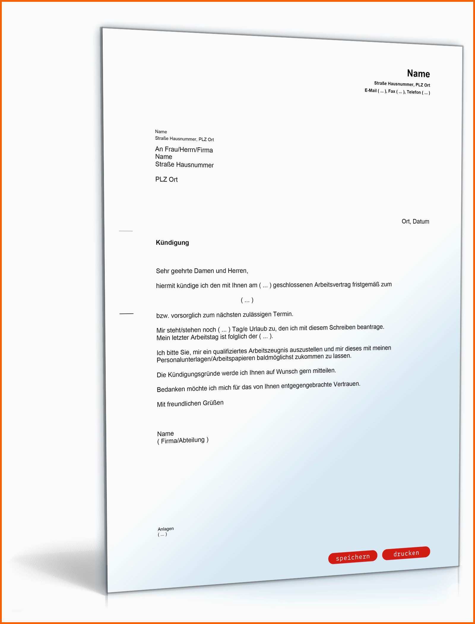 Erstaunlich Arbeitsvertrag Kündigung Vorlage Arbeitgeber