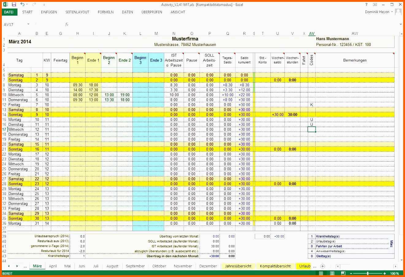 Erstaunlich Arbeitszeiterfassung Excel Vorlage 2019