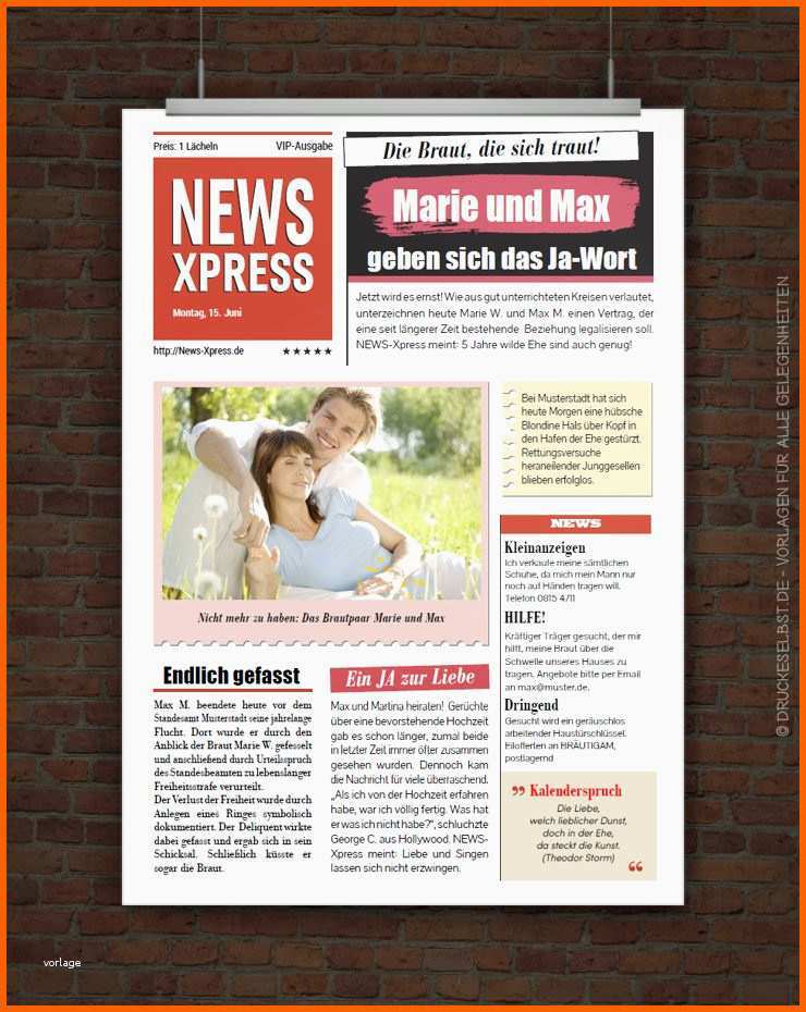 Erstaunlich Drucke Selbst Vorlage Hochzeitszeitung Im Zeitungsstil