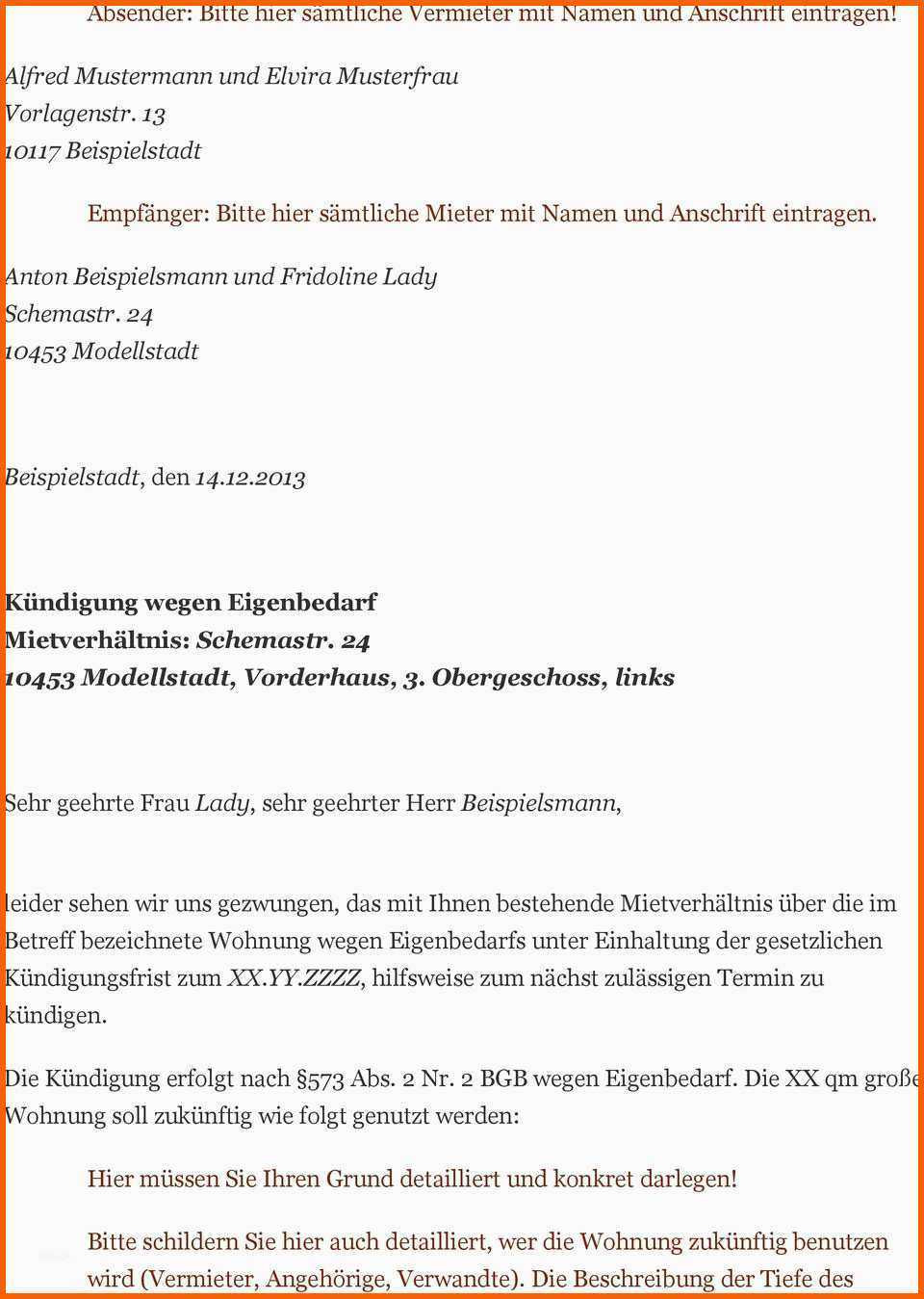 Erstaunlich Muster Zum Anfertigen Einer Eigenbedarfskündigung Pdf