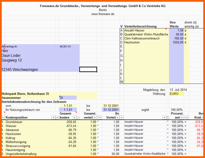 Exklusiv Betriebskosten Abrechnung Mit Excel Download