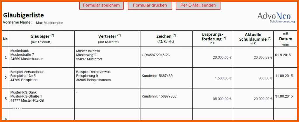 Exklusiv Gläubigerliste Kostenlose Vorlage