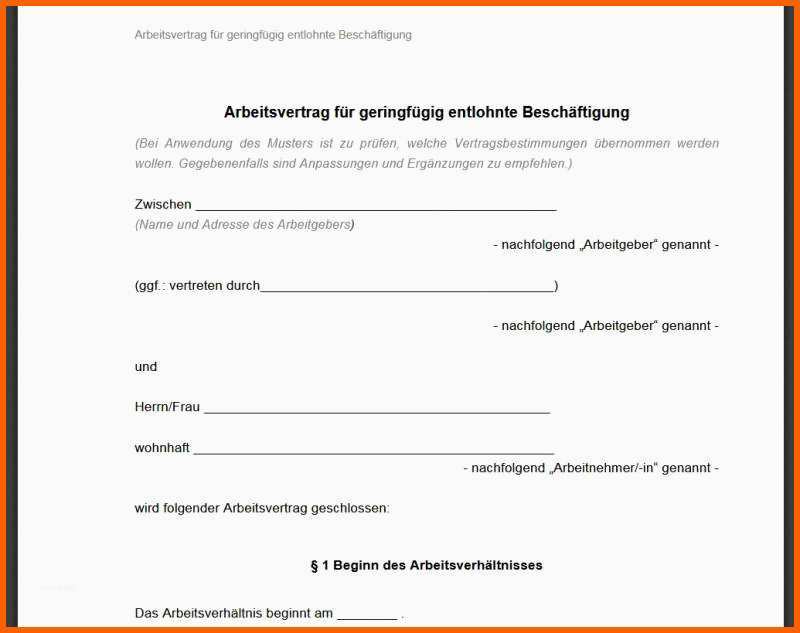 Exklusiv Minijob Arbeitsvertrag Vorlage Download