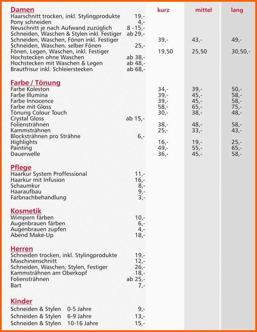 Exklusiv Preisliste Vorlage Friseur Befriedigend Preisliste Mit