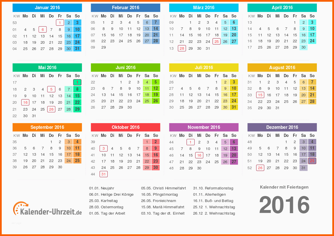 Fabelhaft Kalender 2016 Mit Feiertagen
