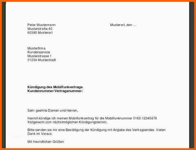 Fabelhaft Kündigung Handyvertrag Vorlage Download