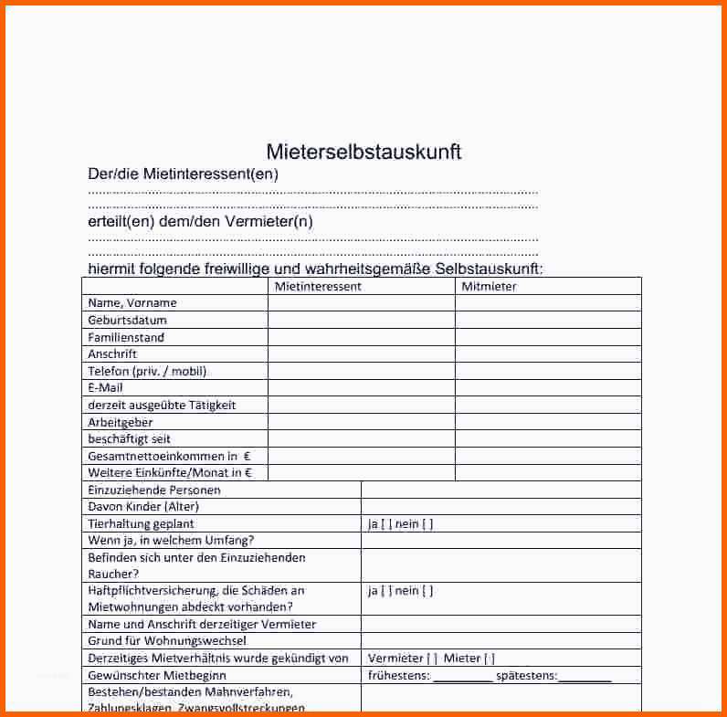 Fabelhaft Mieterselbstauskunft Vorlage Word Schreiben 12