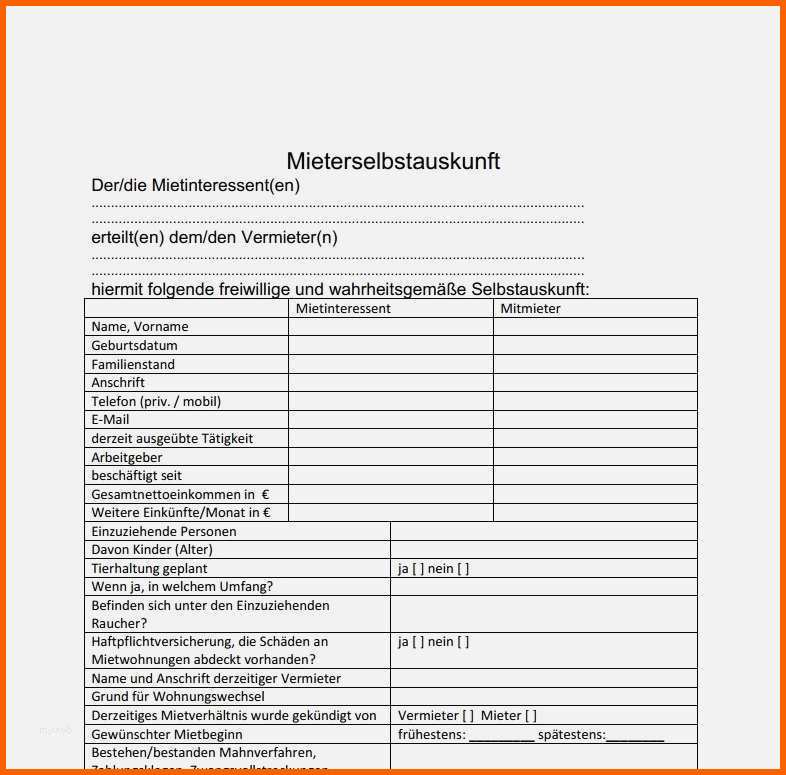 Fabelhaft Selbstauskunft Vorlage Bank Genial Mieter Selbstauskunft
