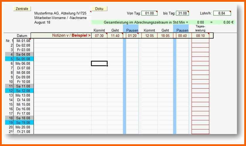 Fantastisch Arbeitsplan Vorlage Monat Cool Zeiterfassung Excel Auvista
