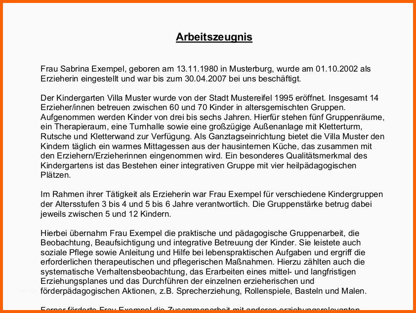 Fantastisch Arbeitszeugnis Erzieherin Sehr Gut Muster Zum Download