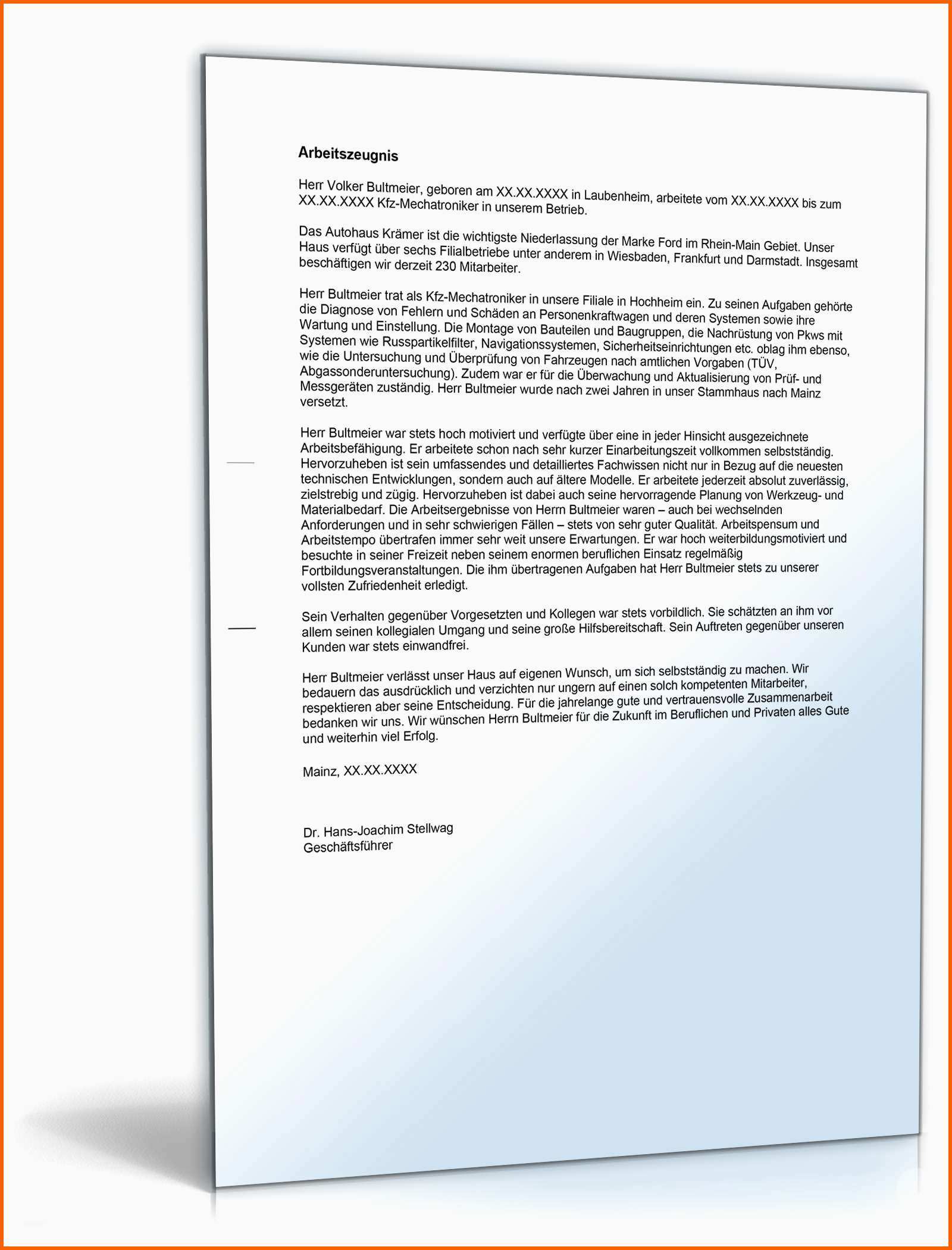 Fantastisch Arbeitszeugnis Kfz Mechatroniker Note Eins