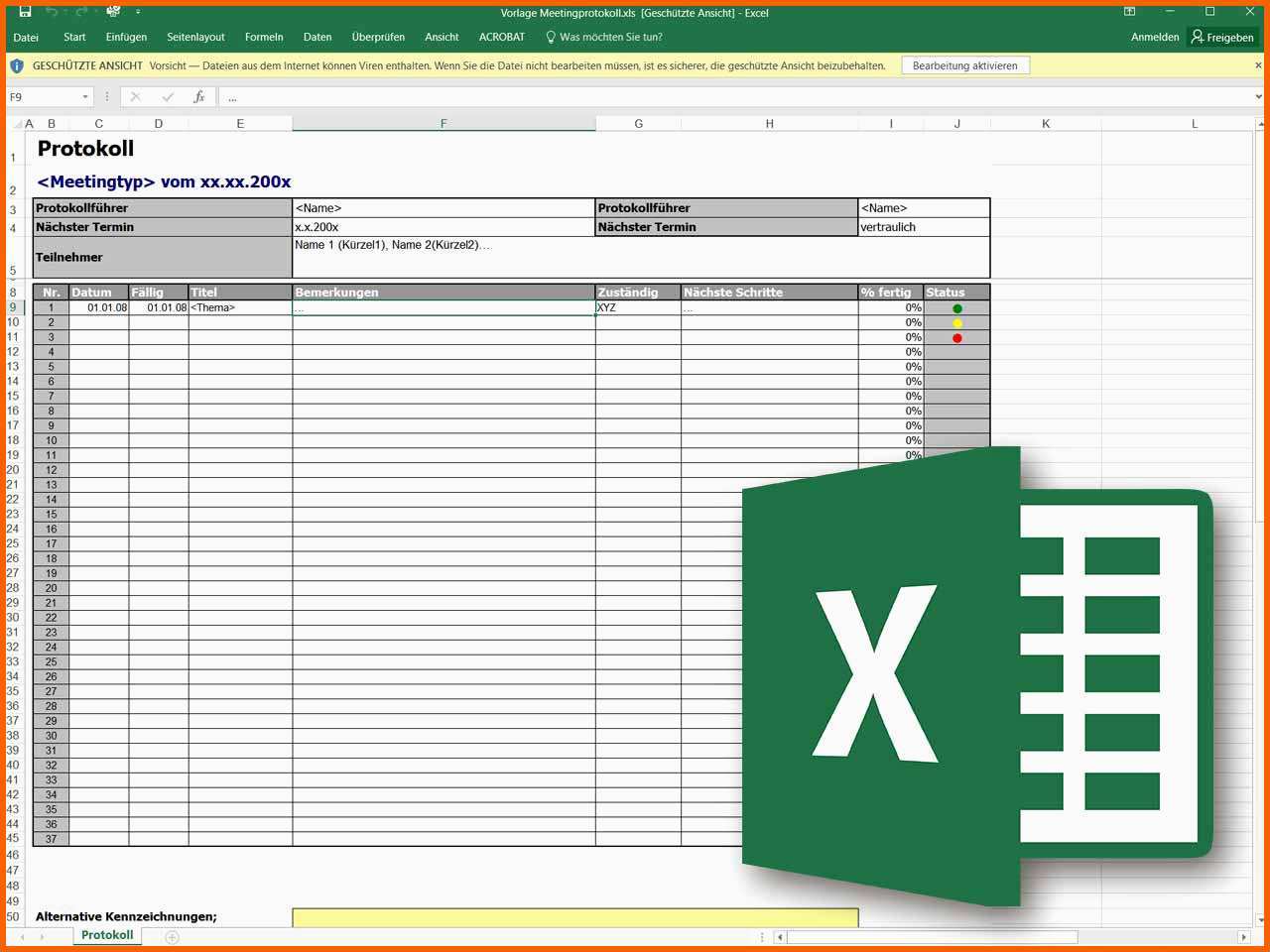 Fantastisch Besprechungsprotokoll Als Excel Vorlage