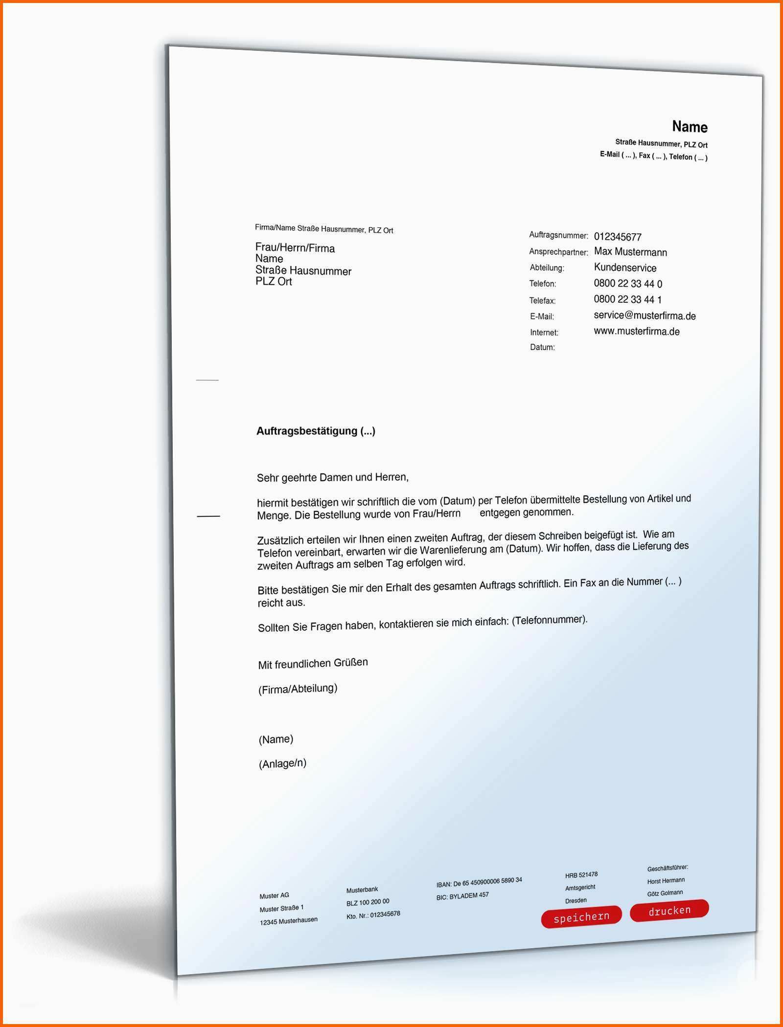 Fantastisch Bestätigung Telefonischer Auftrag