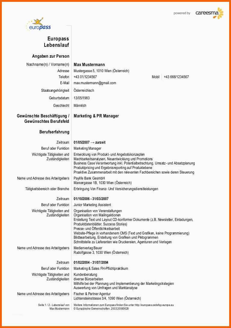 Fantastisch Cv Europass Vorlage