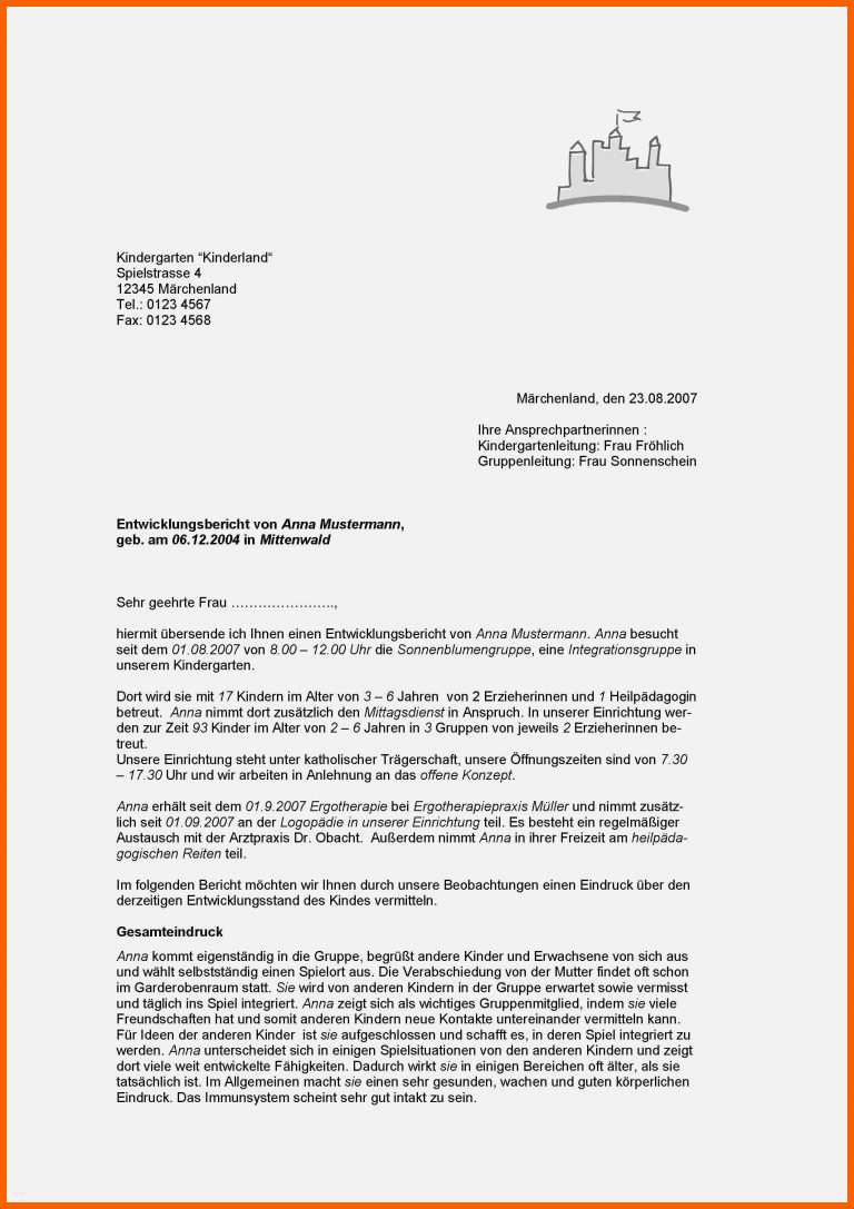 Fantastisch Entwicklungsbericht Kindergarten Vorlage Kostenlos