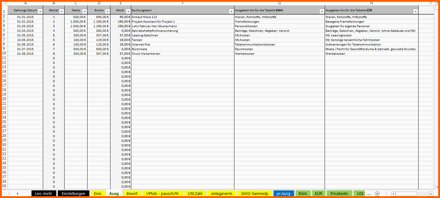 Fantastisch Excel Vorlage Einnahmenüberschussrechnung EÜr 2015
